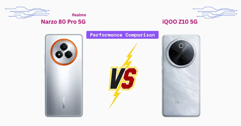 Two modern smartphones facing each other on a digital battlefield background, one showing 'performance chip' with glowing blue effects (symbolizing Realme Narzo 80 Pro), the other with a red lightning bolt and large battery icon (symbolizing iQOO Z10), futuristic tech vibes, midrange phone concept, cinematic lighting, 16:9 ratio, ultra HD